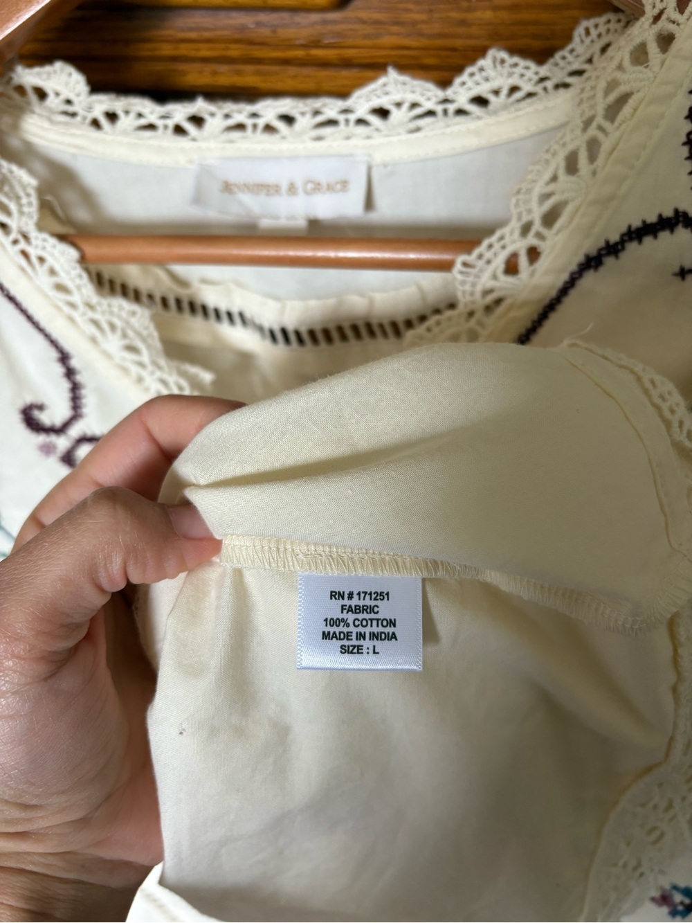 100% cotton Embroidered Cream tie front Top with Lace Trim - Picture 6 of 6